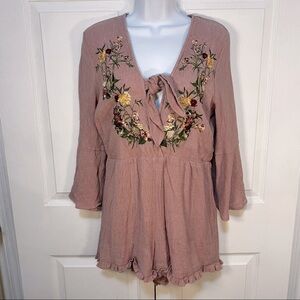 Altar’s State Dusty Rose Floral Embroidered 3/4 Bell Sleeve Romper